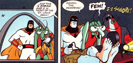 Space Ghost, Zorak, and Moltar looking at slides