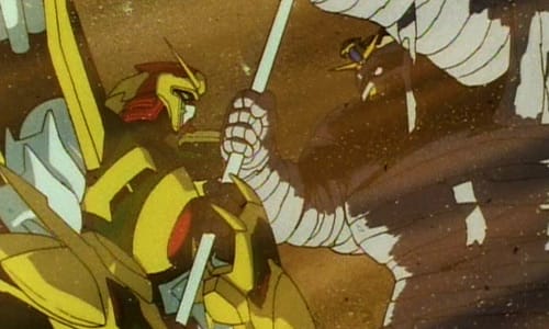 Dragon Gundam fights Pharaoh Gundam in a sandstorm