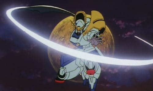 Minaret Gundam leaps in front of the Moon