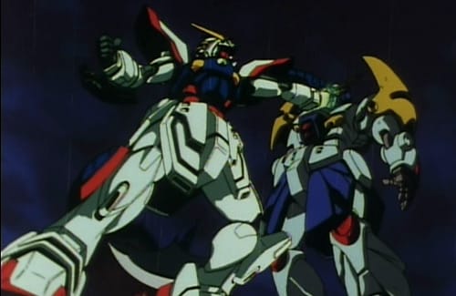 Shining Gundam grabbing Minaret Gundam's head