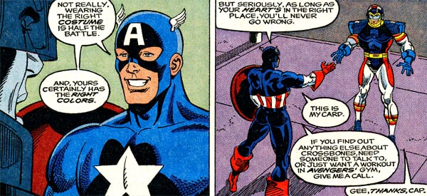 Captain America giving SuperPro his card