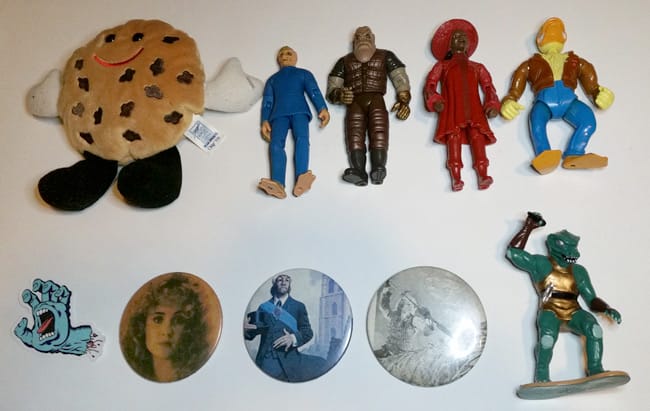 Action figures, buttons, cookie plush, sticker