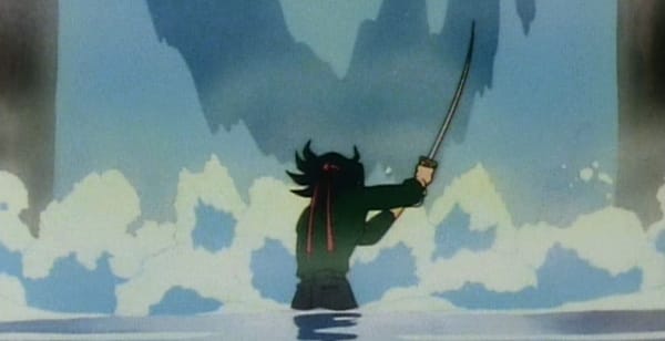 Domon hitting waterfall with sword
