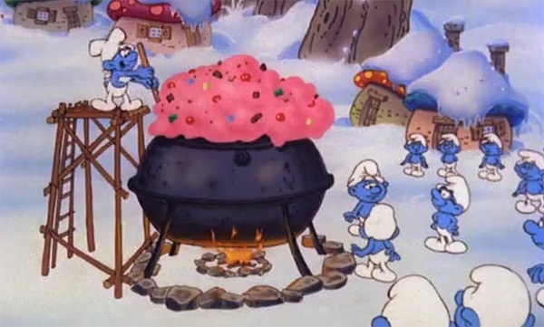Greedy Smurf making pudding
