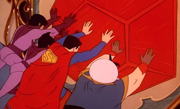 Wonder Twins, Superman, and Sultan pushing giant ruby