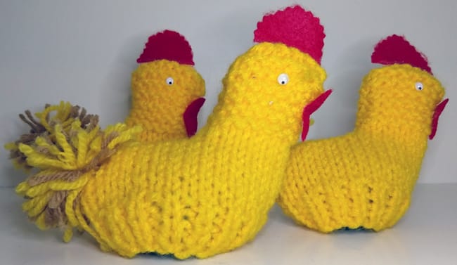 Knitted chickens with eggs in them