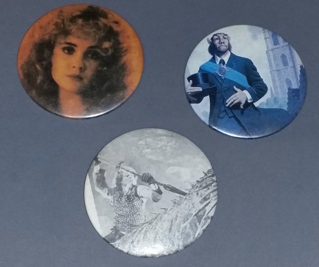 Pinback button of woman, centaur, and man with spear hunting large creature