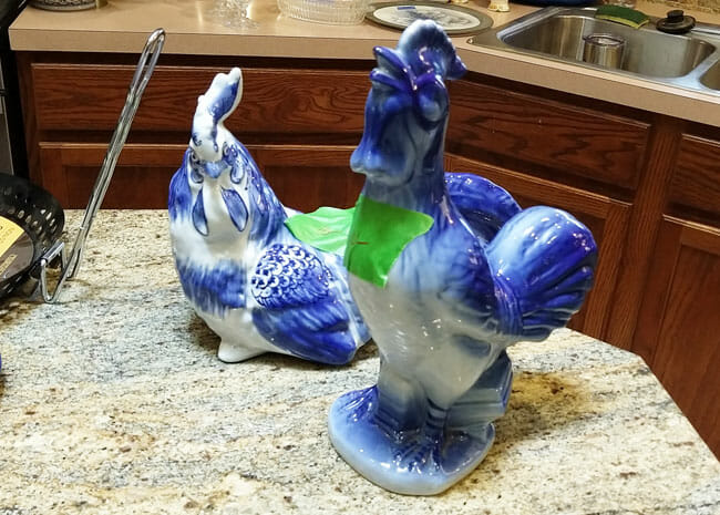 Blue ceramic chickens